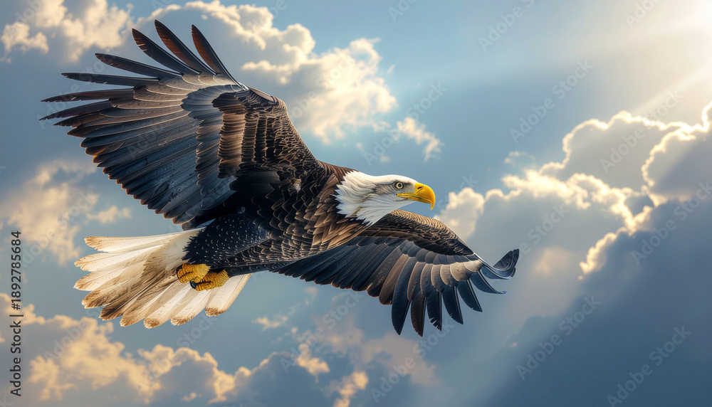 Obraz premium Majestic Bald Eagle Soaring Through Sunlit Clouds