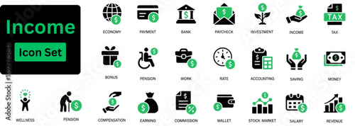 Silhouette vector of  Income icon set. Personal Finance and Money Management Icon Set. Vector Glyph Icons for Banking Investment and Budget Planning.