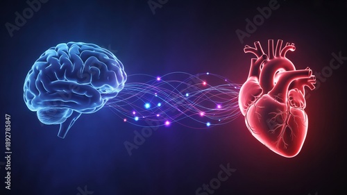 Glowing blue brain connected to red heart with sparkling neurons and fiber optic threads symbolizing ai emotion concept