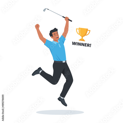 Man celebrating golf victory with trophy and winner text