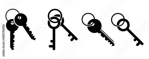 Set of four black silhouette keys on keychains, representing access, security, and multiple options for entry or unlocking, on white background. icons.