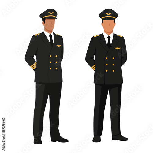 Airline pilots in uniform standing confidently