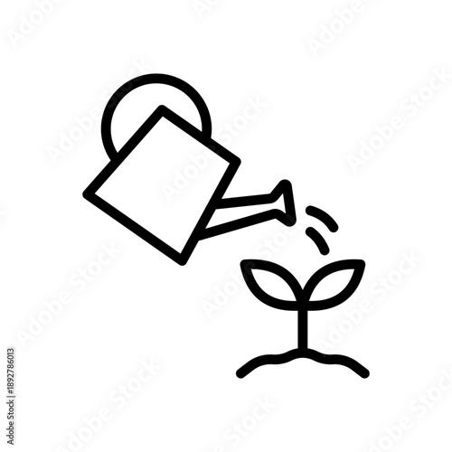 Watering can pouring a plant, linear icon. Gardening, growth, agriculture and nature care concept. Line with editable stroke