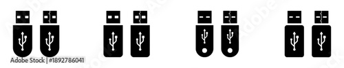Set of four black USB flash drive icons with ports and USB symbol on white background, representing data storage and connectivity.