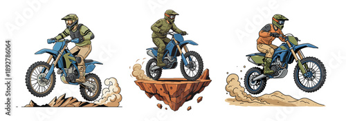 Set of illustrations of a motocross rider jumping on a dirt bike