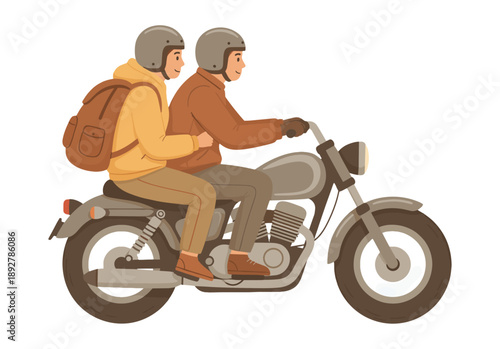 Illustration of two men riding a brown motorcycle