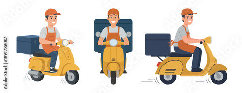 Set of illustrations of a delivery man on a scooter