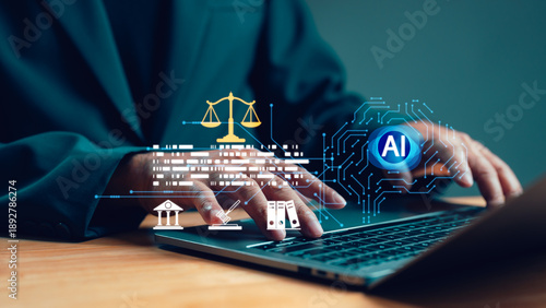User working on laptop with AI brain and scales of justice icon. Concept of digital legal technology, cyber law regulation, automated justice system, artificial intelligence ethics, and compliance.