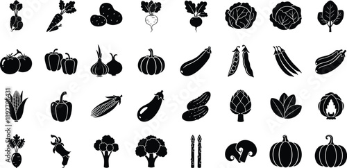 Collection of various vegetable icons in black silhouette