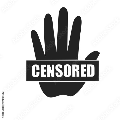 Logo Black censored hand icon with bold warning label. Symbol of restriction, content moderation, privacy protection, prohibition, and media censorship