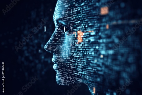 Glowing digital profile emerging from particles