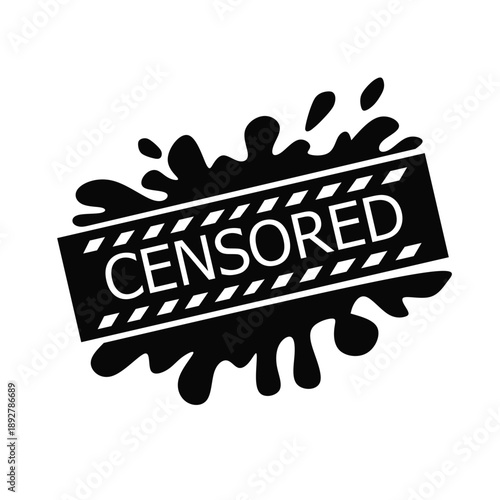 Logo Black censored stamp icon with splash effect. Bold censorship label symbolizing restriction, warning, privacy, or prohibited content in media and digital communication