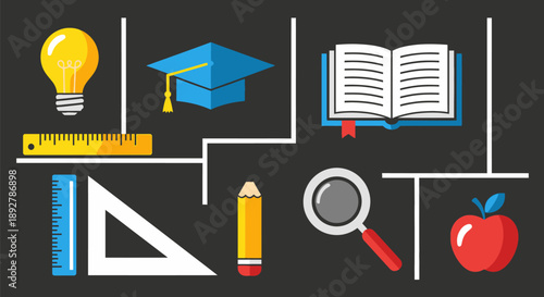 An educational illustration featuring a graduation cap, book, pencil, magnifying glass, ruler, and apple arranged in a graphic layout on a dark background