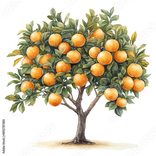 A Persimmon Tree, watercolor clipart vector, isolated on a white background.