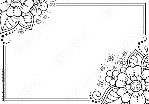 Frame in eastern tradition. Stylized with henna tattoos decorative pattern for decorating covers for book, notebook, casket, magazine, postcard and folder. Flower border in mehndi style.