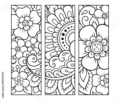 Printable bookmark for book - coloring. Set of black and white labels with flower patterns, hand draw in mehndi style. Sketch of ornaments for creativity of children and adults with colored pencils.