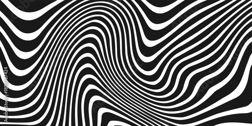 Black and white abstract background. Waves shape decoration. Optical illusion stripes style. Modern graphic design element with distorted lines concept for web