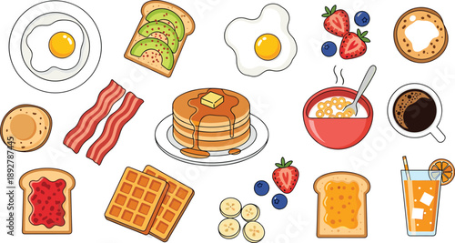 Delicious breakfast food illustrations set with various dishes