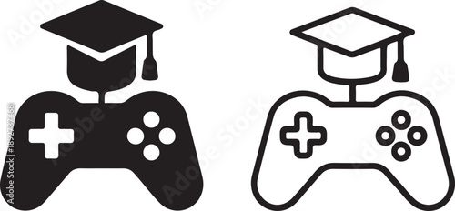 Two black and white icons combine graduation caps with video game controllers representing education and gaming high quality professional