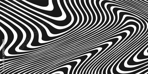 Black and white abstract background. Waves shape decoration. Optical illusion stripes style. Modern graphic design element with distorted lines concept for web