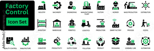 Silhouette vector of Factory Control icon set. Icon of production, industry, product, machine, worker, smart factory, packaging, quality control