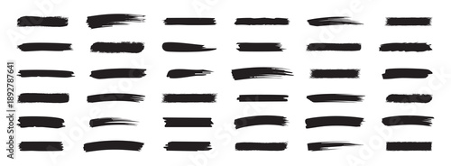 Set of different grunge brush strokes. Straight line vector brush strokes. Brush strokes, black ink lines, vector abstract set with paint brush grunge texture on white background.