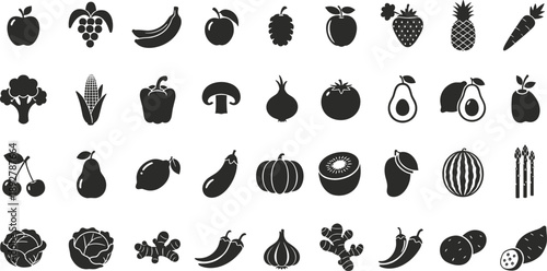 Variety of fresh fruits and vegetables icons in black