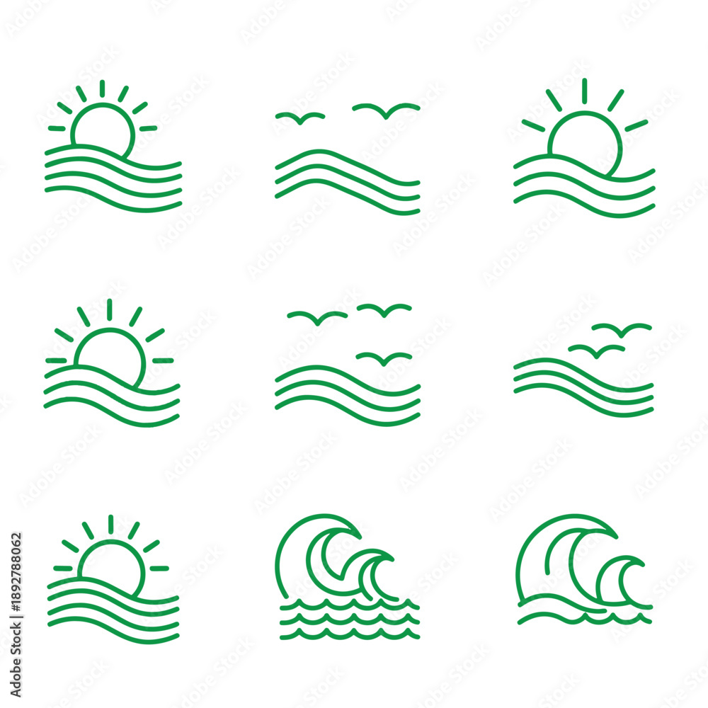 Fototapeta premium Set of nine green line depicting sun waves and birds line sun