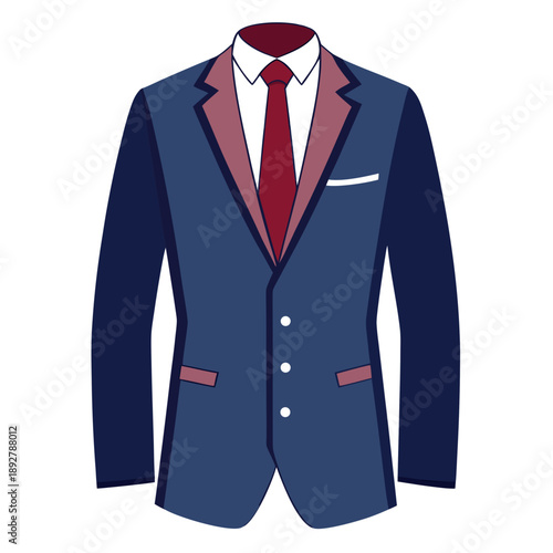 Elegant navy blue business suit with red tie and white shirt