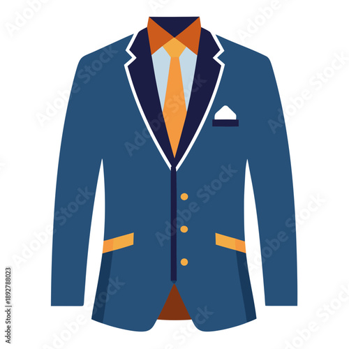 Elegant blue business suit with orange tie and pocket square