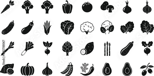 Variety of fresh vegetables and fruits in black silhouette