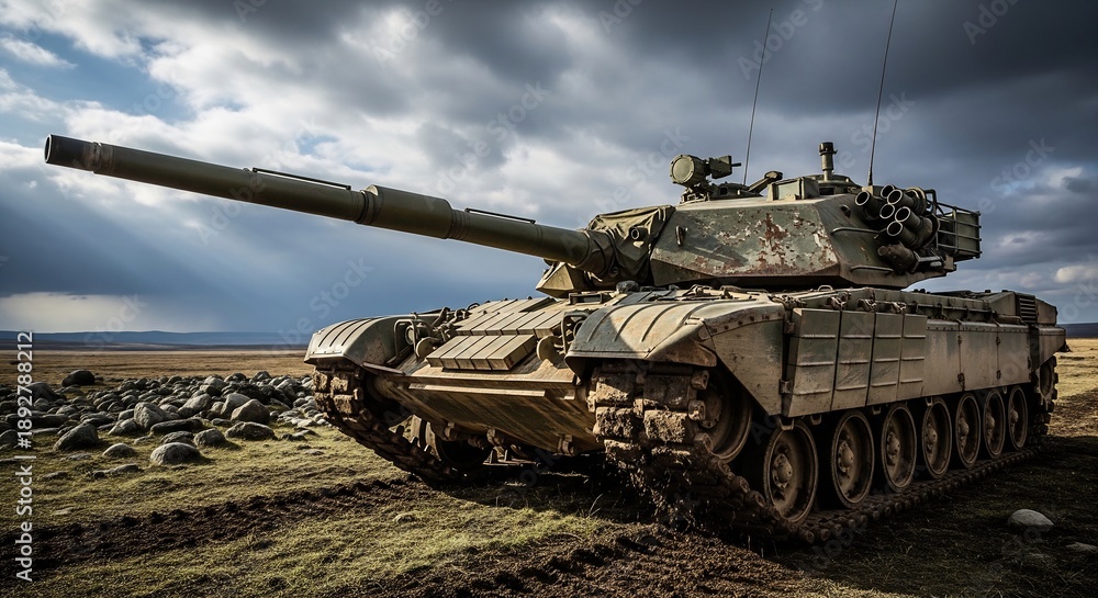 Fototapeta premium Powerful main battle tank stationed on a rugged battlefield under a dramatic storm sky.