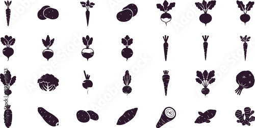 Variety of root vegetables in simple black silhouettes