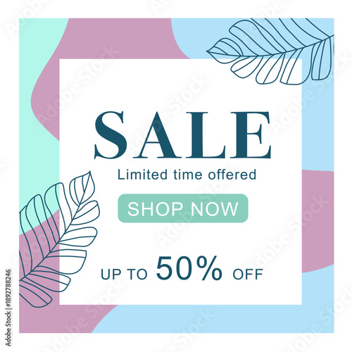 Elegant sale banner with botanical line art, pastel abstract shapes and modern typography. Flat vector design for retail promotion, online shopping, marketing campaigns and seasonal discounts.