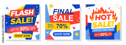 Bold flash sale banner templates with dynamic geometric shapes and bright colors. Modern promotional design for final sale, hot deals, discounts, social media ads and online shopping campaigns.