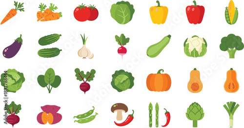 Vibrant colorful vegetable icons for healthy eating and nutrition concepts