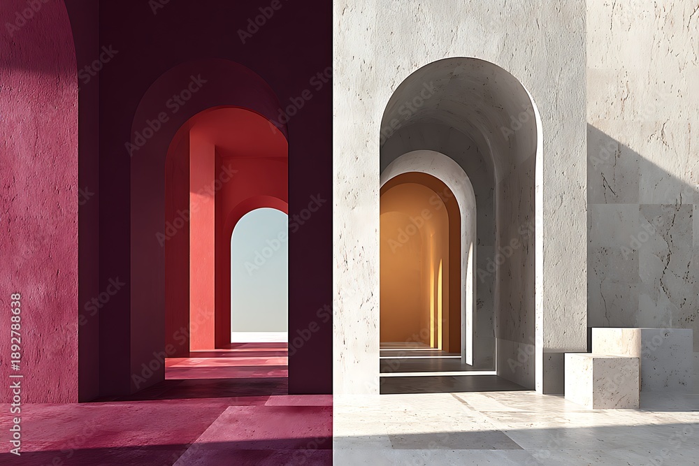Fototapeta premium Symmetrical architectural archways contrasting colors light and shadow