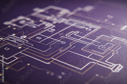 Digital circuit board schematic blueprint on purple backdrop