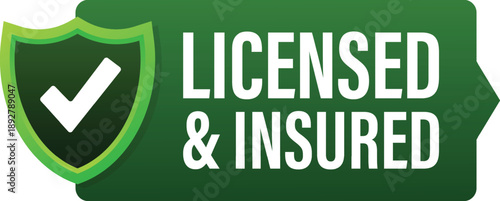 green shield with checkmark and licensed and insured text