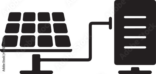 A simple black and white graphic depicts a solar panel connected to a battery storage system high quality professional
