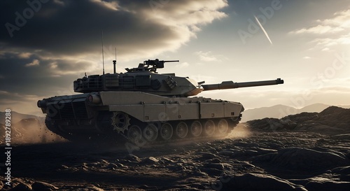 Heavy main battle tank moving through dusty desert landscape under a dramatic sunset sky.