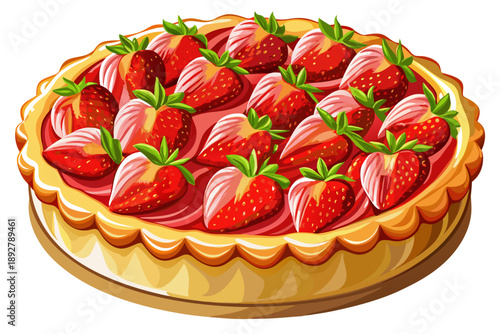 Delicious strawberry tart with fresh ripe strawberries on top and baked golden crust for a beautiful bakery style dessert presentation.