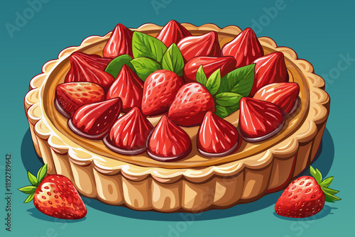 Delicious strawberry tart with fresh ripe strawberries on top and baked golden crust for a beautiful bakery style dessert presentation.