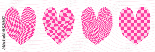 Pink Distorted Vector Hearts, Heart Shapes in Bold Vibrant Pink Colors with Warped Check Pattern