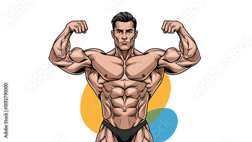 Full body illustration of a highly muscular bodybuilder flexing his muscles in a classic pose on a clean white background.