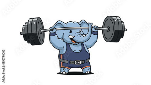 Strong cartoon elephant wearing a blue wrestling singlet and a belt while lifting a heavy barbell over its head with ease.
