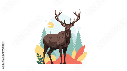 Majestic stag with large antlers standing in a colorful stylized forest with pine trees and hills in a flat art style.