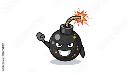 Angry black cartoon bomb character with a lit fuse showing a devious smile and clenched teeth on a white background.