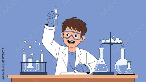 Young boy wearing a lab coat and safety goggles conducting experiments with test tubes and flasks in a science classroom.