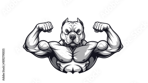 Muscular white dog mascot with a bodybuilder physique flexing its arms and showing off a powerful chest on a white background.